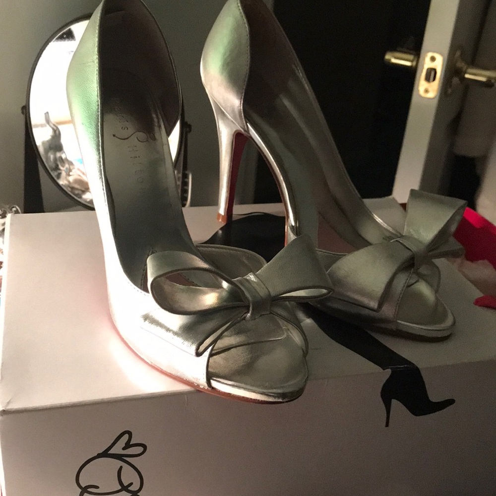 Paris Hilton silver bow heels